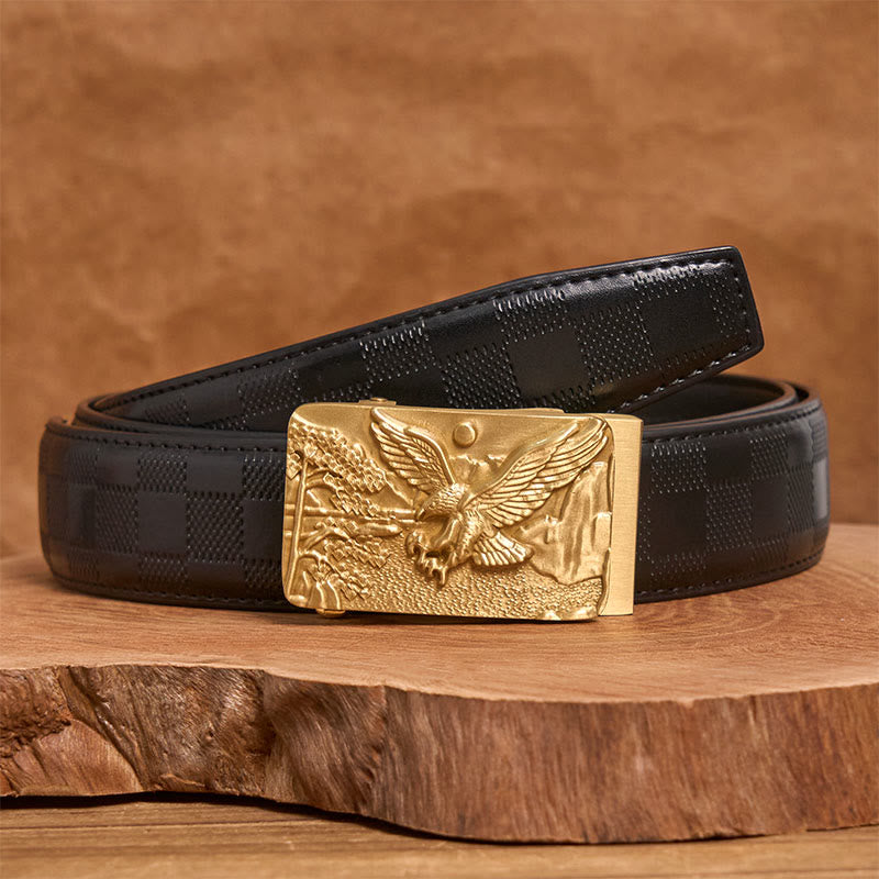 Men's Golden Eagle Carved Metal Automatic Buckle Leather Belt - Golden Eagle - Black Checked Pattern Belt (40) - image 6