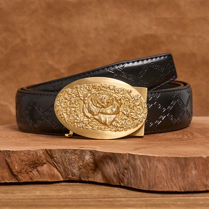 Men's Golden Rose Oval Metal Automatic Buckle Leather Belt - Golden Rose - Black Diamond Pattern Belt (40) - image 3