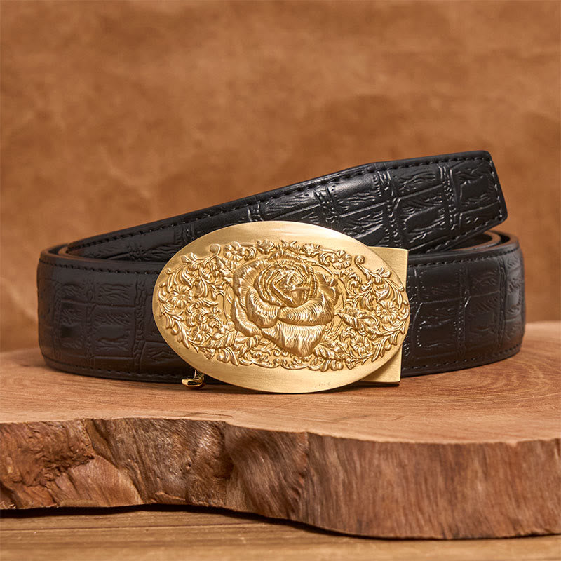 Men's Golden Rose Oval Metal Automatic Buckle Leather Belt - Golden Rose - Black Snake Pattern Belt (40) - image 4