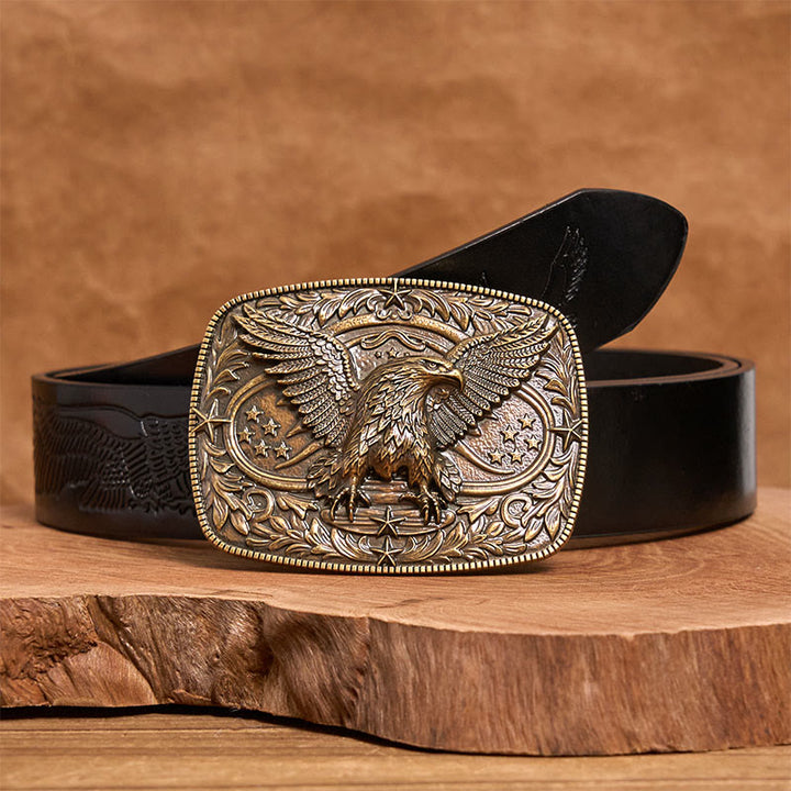 Men's Vintage Bronze 3D Eagle Buckle Leather Belt - Bronze - Black Embossed Eagle Belt - 42 - image 4