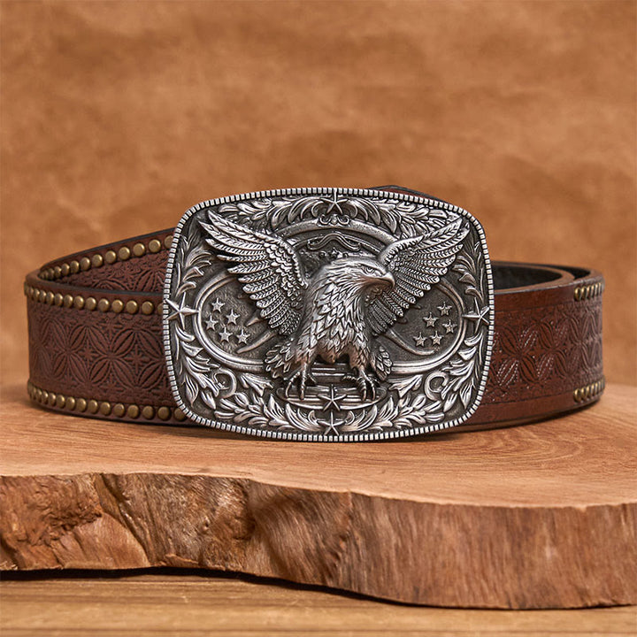 Men's Vintage Bronze 3D Eagle Buckle Leather Belt - Silver - Brown Rivet Belt - 42 - image 9