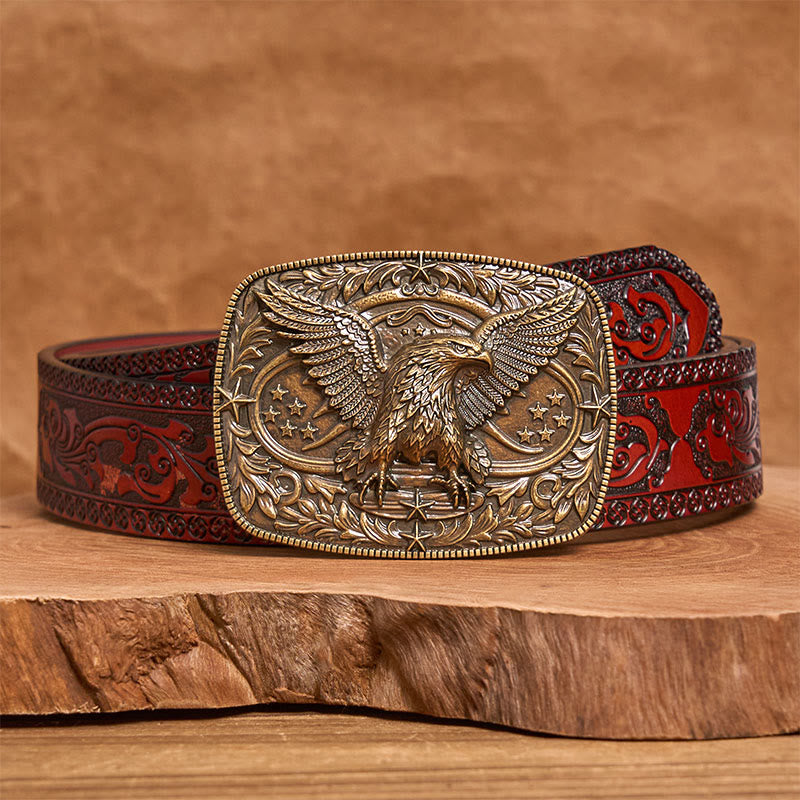 Men's Vintage Bronze 3D Eagle Buckle Leather Belt - Bronze - Brown Carved Belt - 42 - image 12