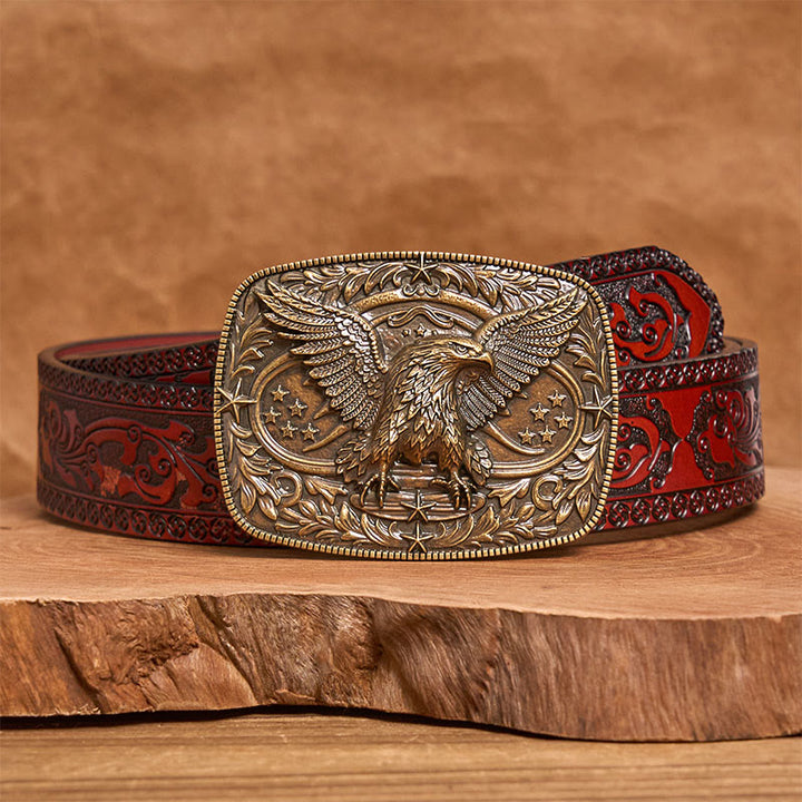 Men's Vintage Bronze 3D Eagle Buckle Leather Belt - Bronze - Brown Carved Belt - 42 - image 12