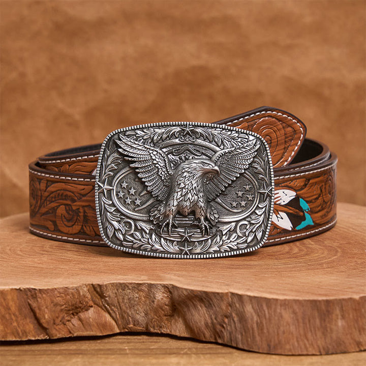Men's Vintage Bronze 3D Eagle Buckle Leather Belt - Silver - Brown Feather Belt - 40 - image 15