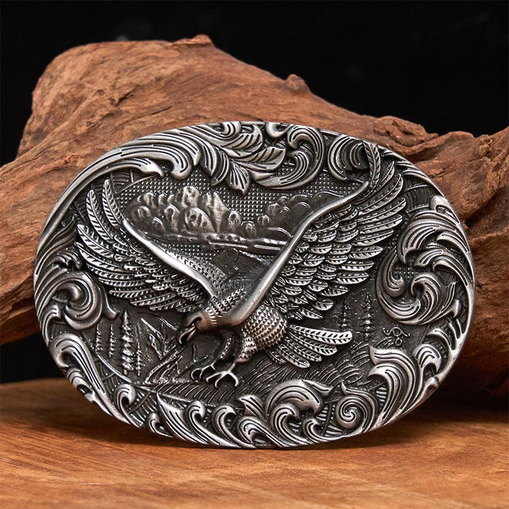 Men's Western Flying Eagle Embossed Buckle Leather Belt - Silver - Without Belt - Not Included Belt - image 0