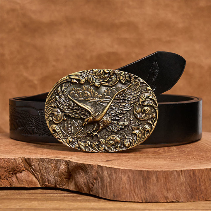 Men's Western Flying Eagle Embossed Buckle Leather Belt - Bronze - Black Embossed Eagle Belt - 42 - image 5