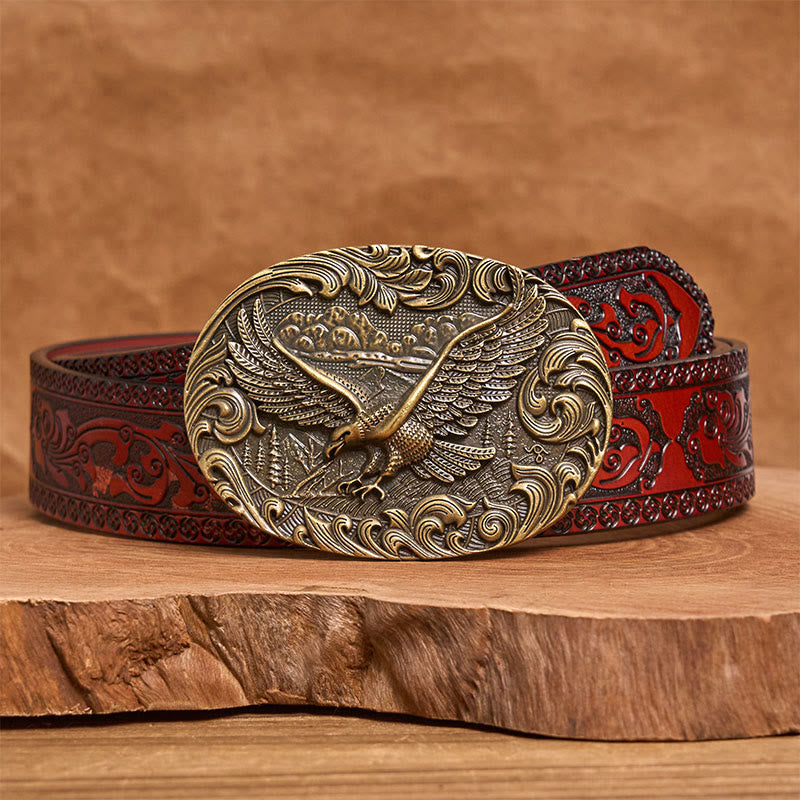 Men's Western Flying Eagle Embossed Buckle Leather Belt - Bronze - Brown Carved Belt - 42 - image 13