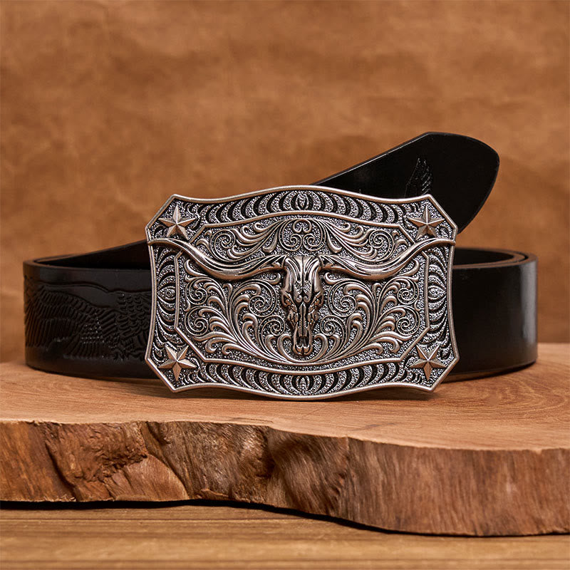 Men's Western Longhorn Skull Ornate Buckle Leather Belt - Silver - Black Embossed Eagle Belt - 42 - image 5