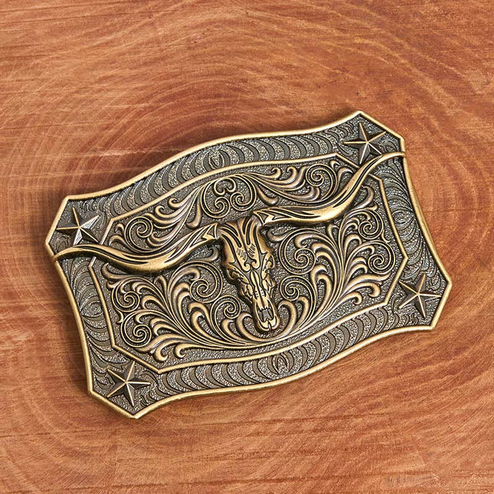 Men's Western Longhorn Skull Ornate Buckle Leather Belt - image 1
