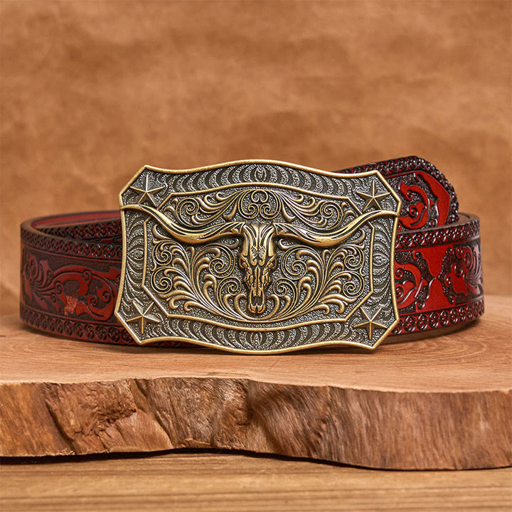 Men's Western Longhorn Skull Ornate Buckle Leather Belt - Bronze - Brown Carved Belt - 42 - image 12