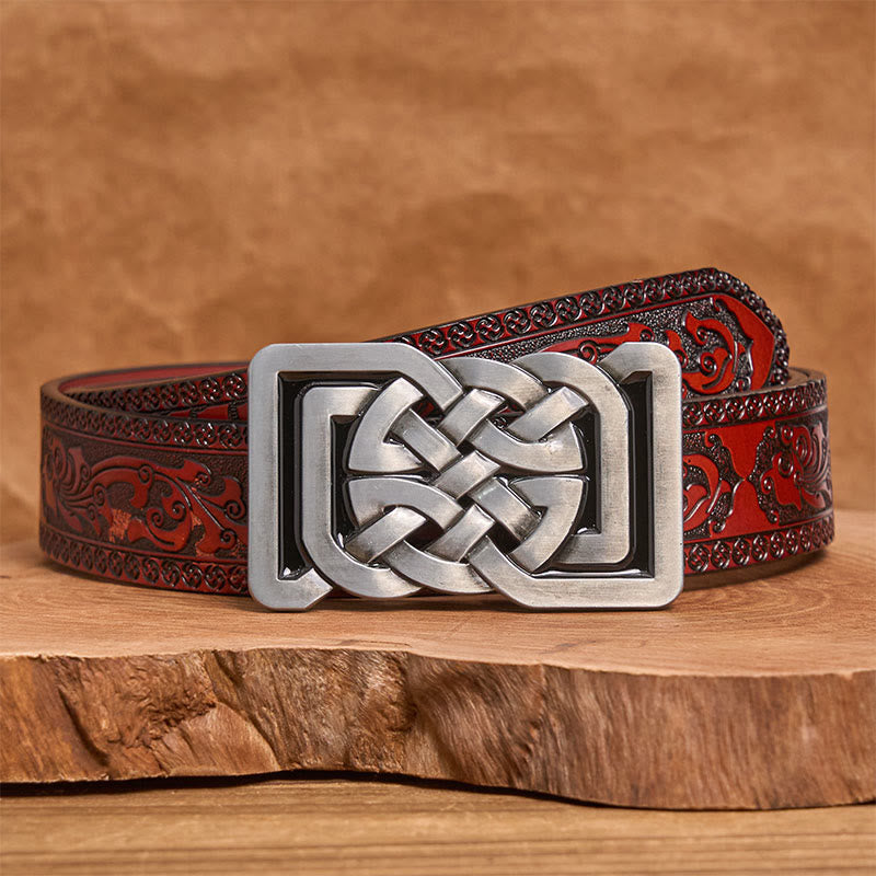 Celtic Knot Style Metal Buckle Leather Belt - Brown Carved Belt - 42 - image 6