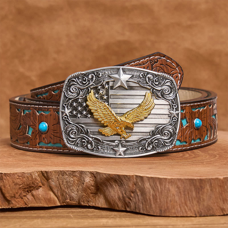 Men's Golden Eagle American Flag Stars Buckle Leather Belt - Turquoise Carved Belt - 42 - image 3