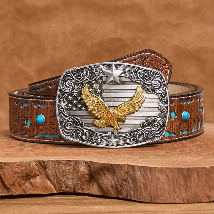 Men's Golden Eagle American Flag Stars Buckle Leather Belt - Turquoise Carved Belt - 42 - image 3