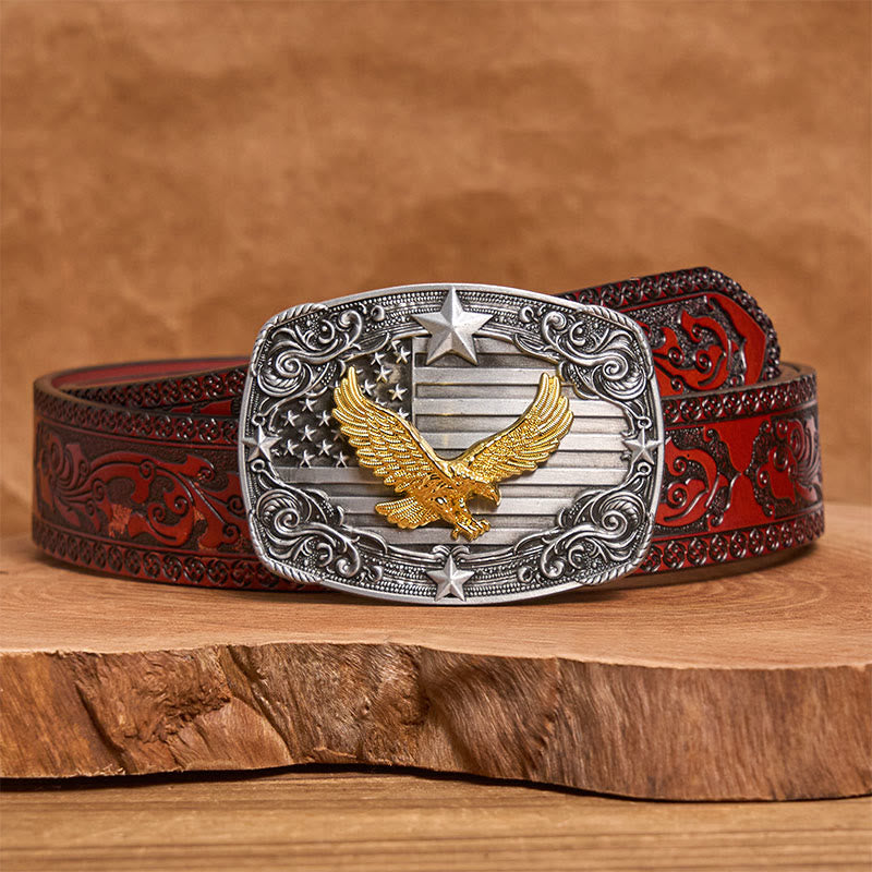 Men's Golden Eagle American Flag Stars Buckle Leather Belt - Brown Carved Belt - 42 - image 6
