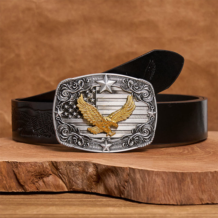 Men's Golden Eagle American Flag Stars Buckle Leather Belt - Black Embossed Eagle Belt - 42 - image 2