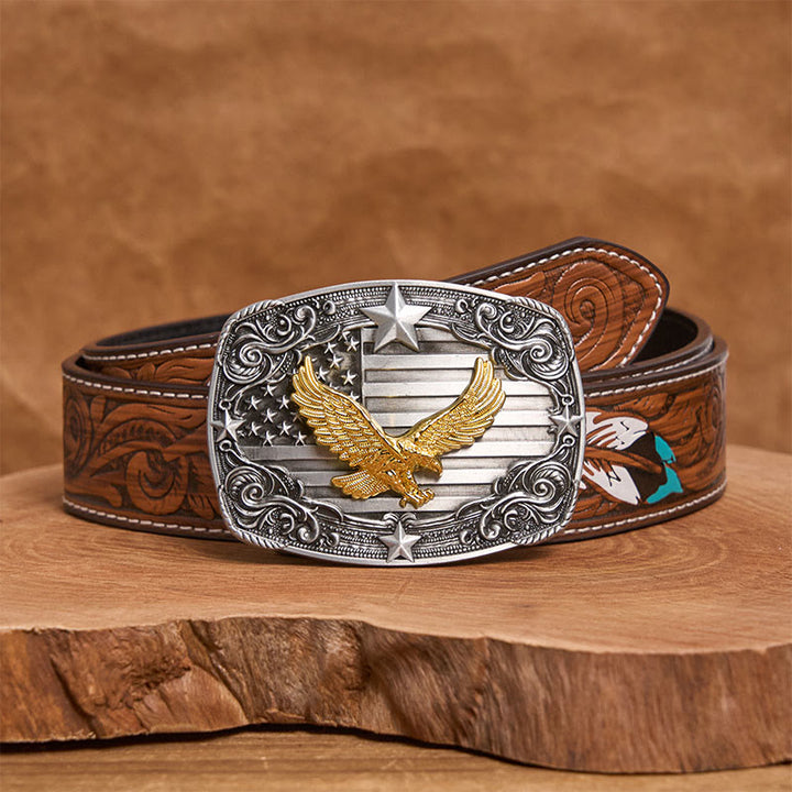 Men's Golden Eagle American Flag Stars Buckle Leather Belt - Brown Feather Belt - 40 - image 7