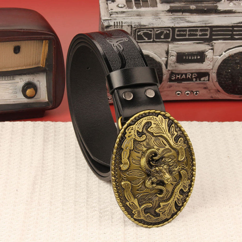 Men's Retro Ram Head Emblem Leather Belt - image 1