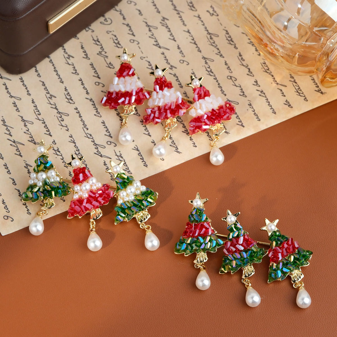 Festive Beaded Christmas Tree with Pearl Drop Holiday Brooch - image 0