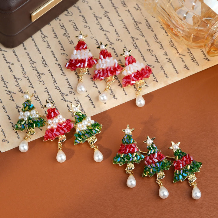 Festive Beaded Christmas Tree with Pearl Drop Holiday Brooch - image 0