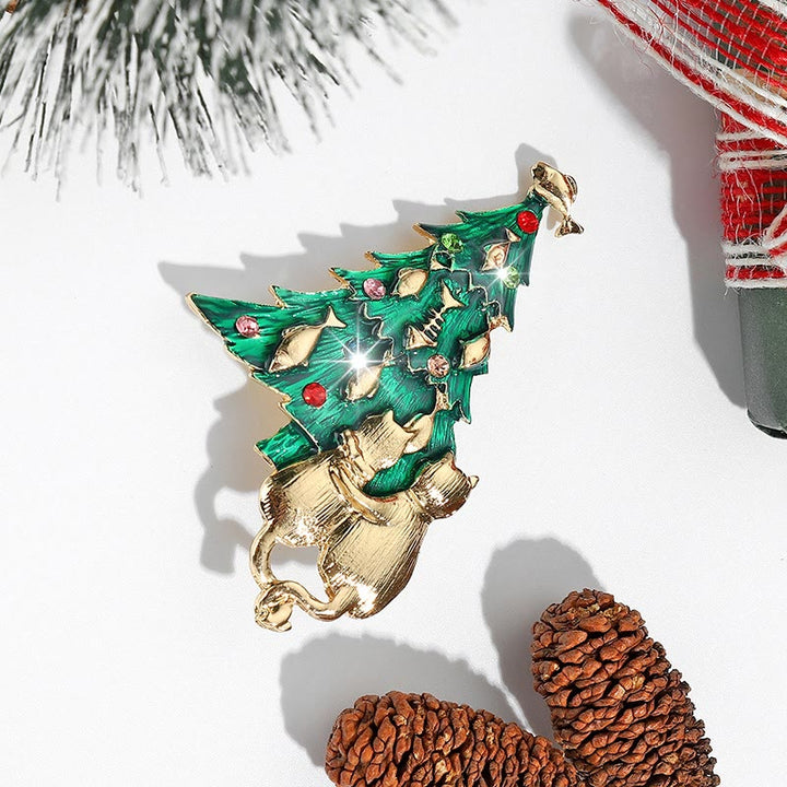 Festive Enamel Christmas Tree with Cat and Fish Dual-Tone Brooch - image 2