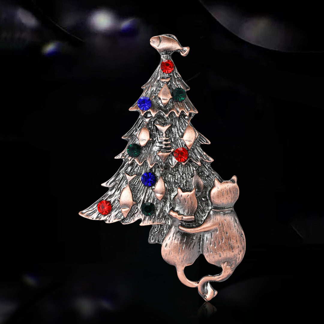 Festive Enamel Christmas Tree with Cat and Fish Dual-Tone Brooch - Gloden - image 4