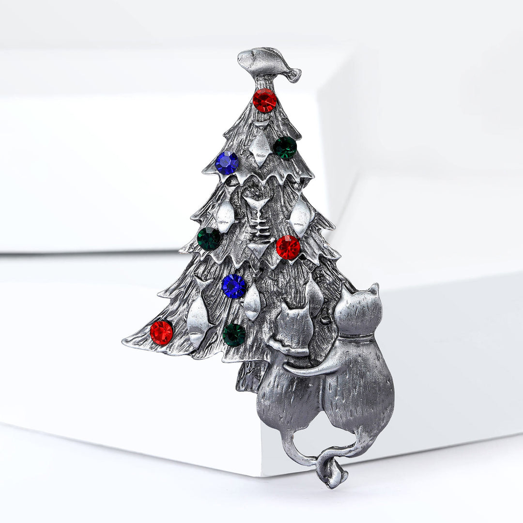 Festive Enamel Christmas Tree with Cat and Fish Dual-Tone Brooch - image 8