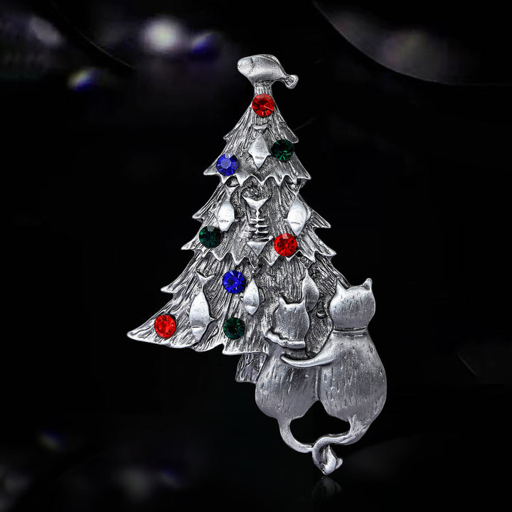 Festive Enamel Christmas Tree with Cat and Fish Dual-Tone Brooch - Sliver - image 7