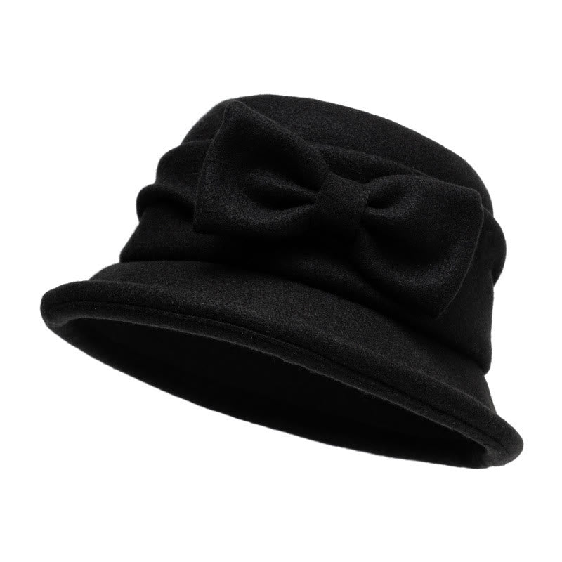Women's Bowknot Decor Soft Felt Bucket Hat - Black - M (22-22 7/8") - image 10