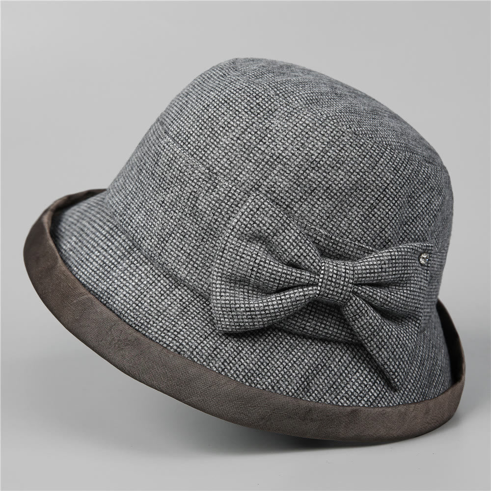 Women's Elegant Plaid Bowknot Rhinestone-trimmed Bucket Hat - Gray - M (22-22 7/8") - image 10