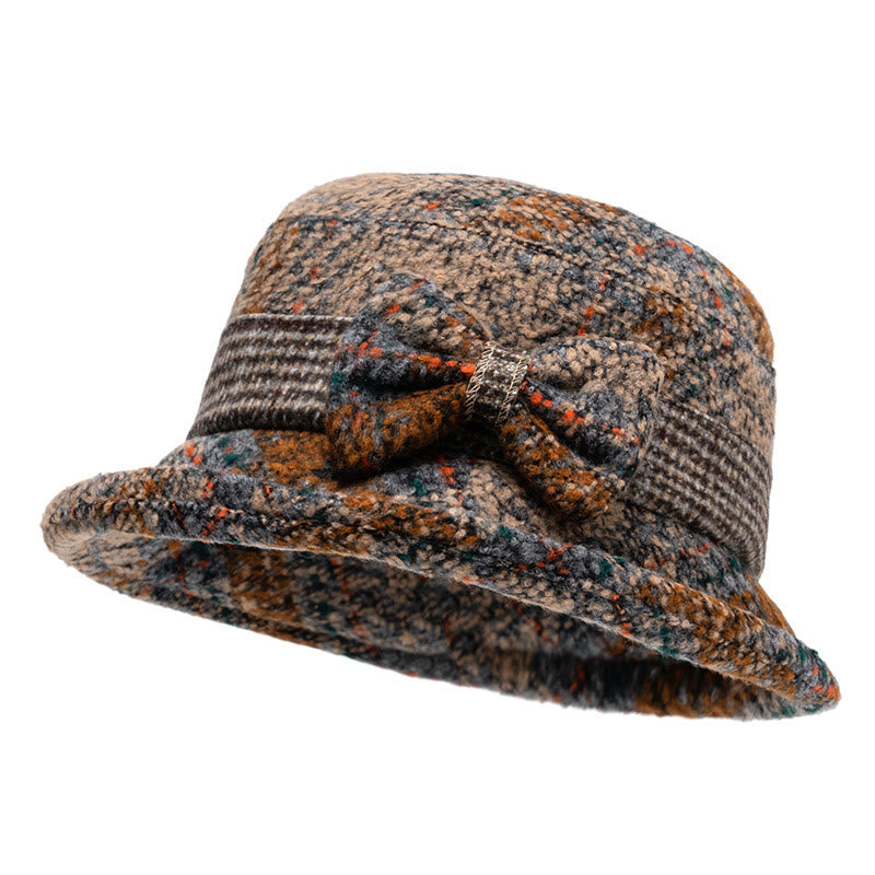 Women's Mottled Texture Bowknot-Accented Wool Blend Bucket Hat - Khaki - M (22-22 7/8") - image 0
