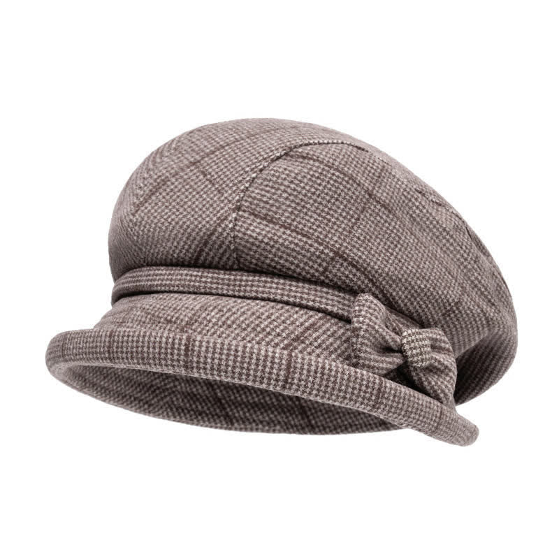 Women's Plaid Bowknot Decor Warm Beret Hat - Dark Khaki - M (22-22 7/8") - image 8