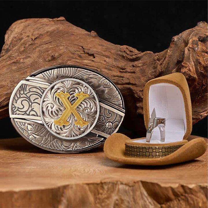 Initial Letter DIY Hidden Knife Belt Buckle Functional Ring Bundle Set - X - Without Belt - image 29
