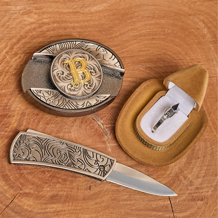 Initial Letter DIY Hidden Knife Belt Buckle Functional Ring Bundle Set - image 1