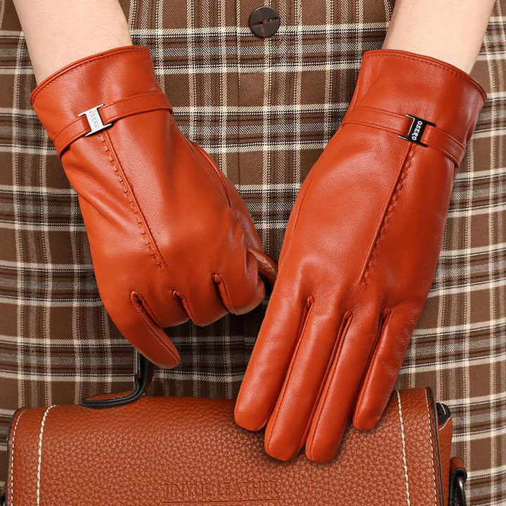 Elegant Women's Orange Leather Warm Winter Gloves - image 0