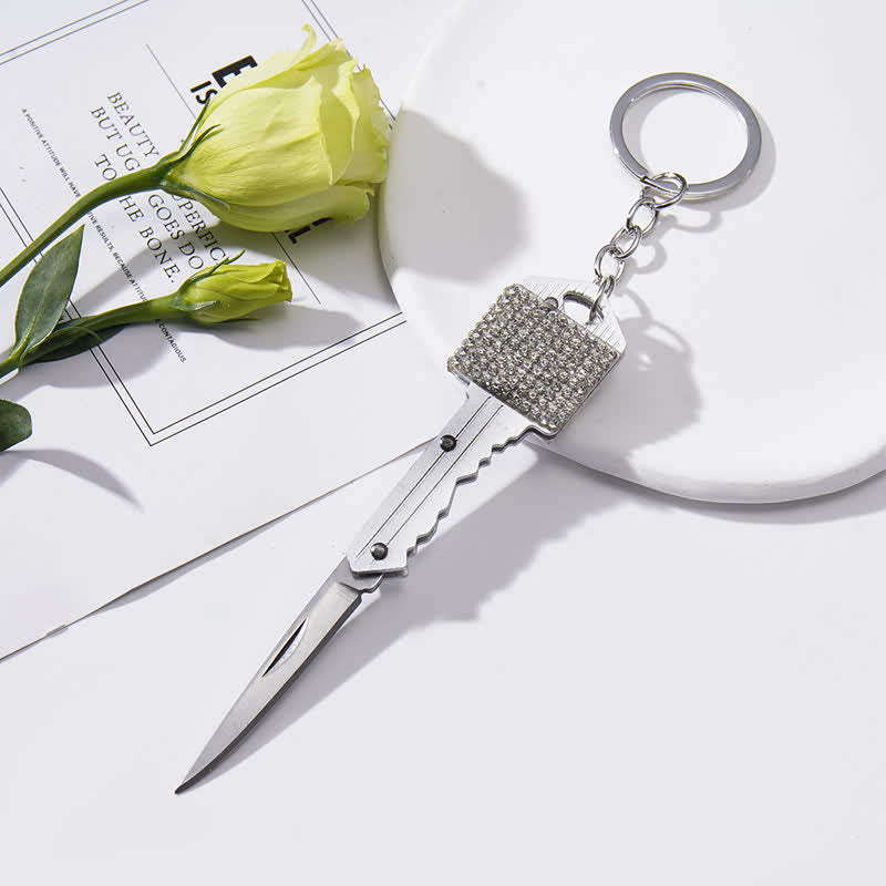 Shining Rhinestones Folding Key-Shaped Knife Keychain - White - image 1