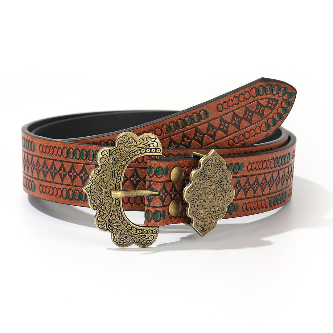 Vintage Brass Floral Carved Buckle Brown Geometric Patterned Leather Belt - Style #1 - 38 - image 0
