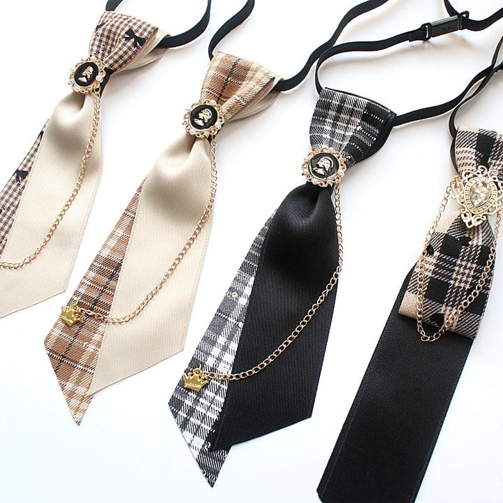 Patchwork Plaid and Solid Fabric Chain Decor Adjustable Necktie - image 0