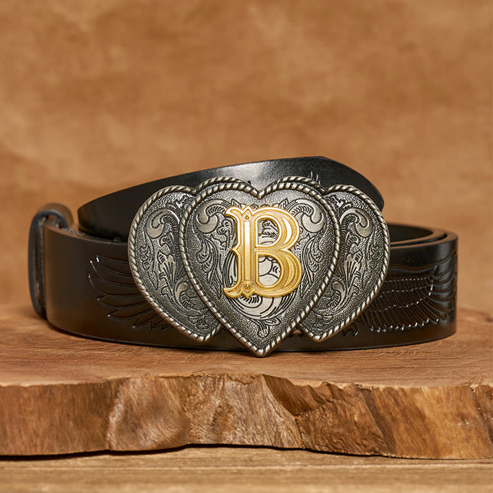 Golden Letter Heart-Shaped Buckle Leather Belt - B - Black Embossed Eagle Belt - 40 - image 2