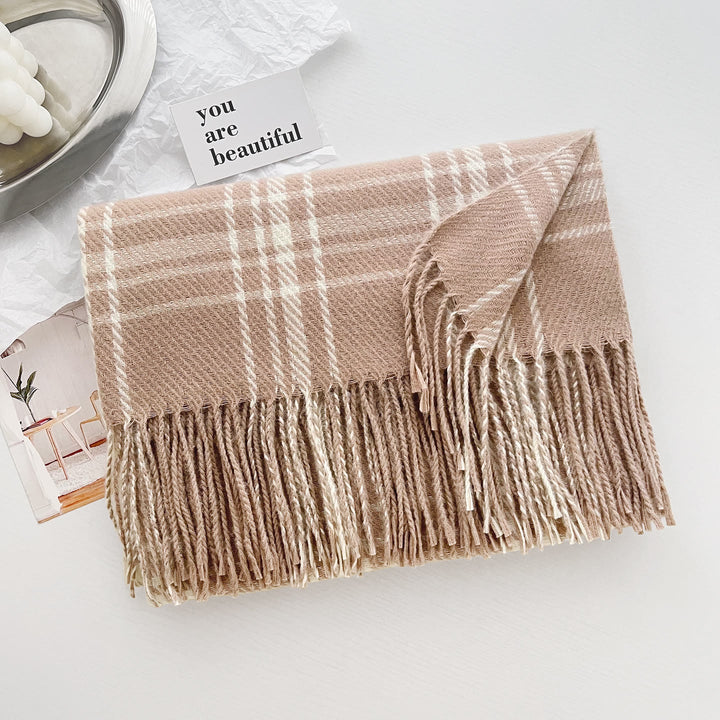 Women's Winter Plaid Fringe Warm Shawl Scarf - Khaki - image 4