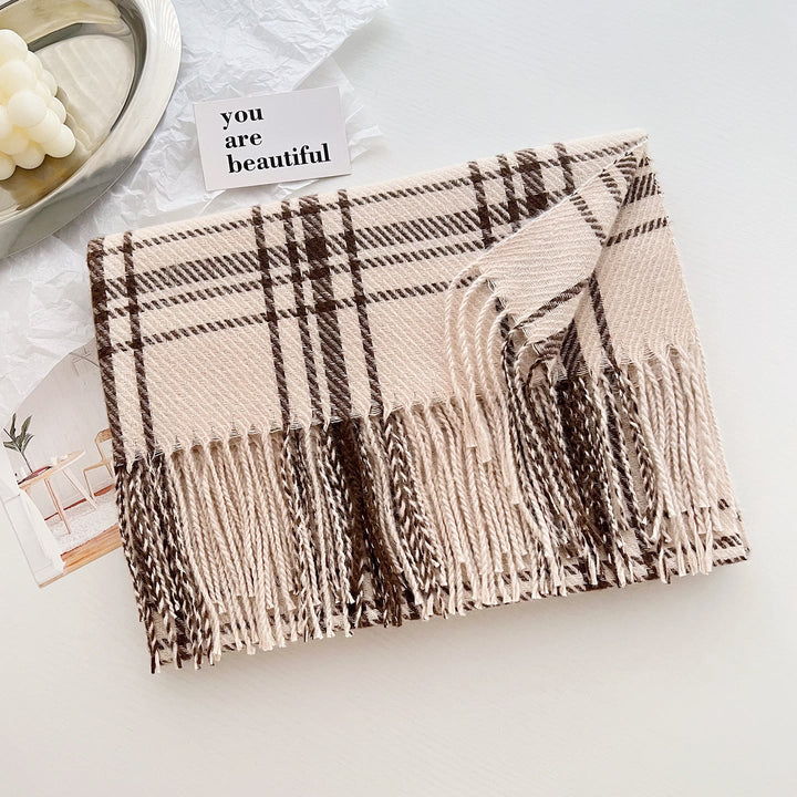 Women's Winter Plaid Fringe Warm Shawl Scarf - Beige - image 7