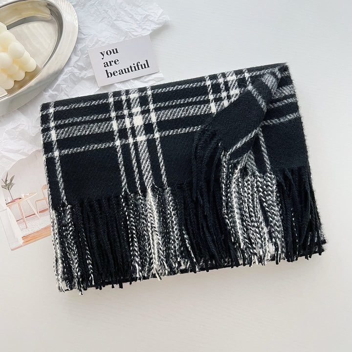 Women's Winter Plaid Fringe Warm Shawl Scarf - Black - image 10
