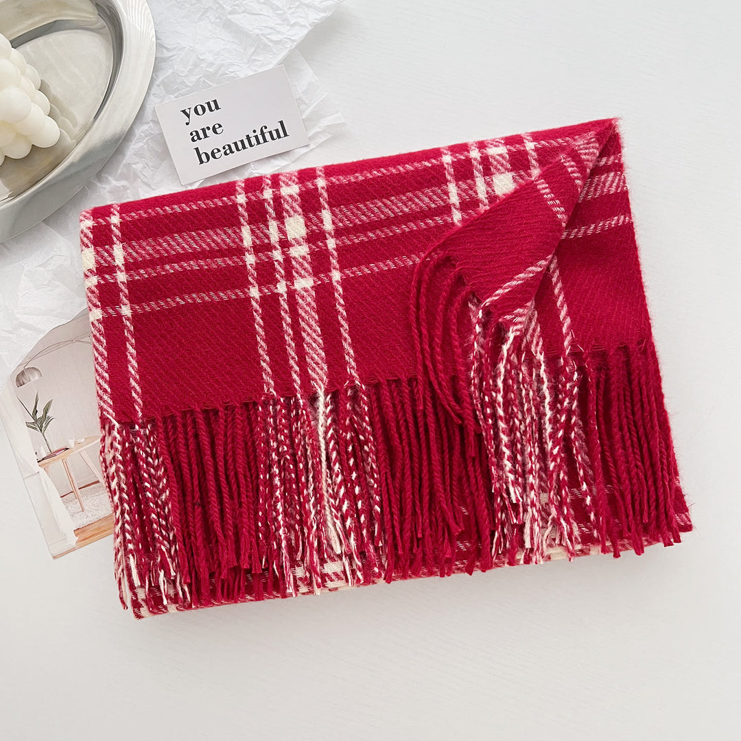 Women's Winter Plaid Fringe Warm Shawl Scarf - Red - image 6