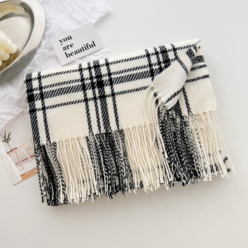 Women's Winter Plaid Fringe Warm Shawl Scarf - White - image 1