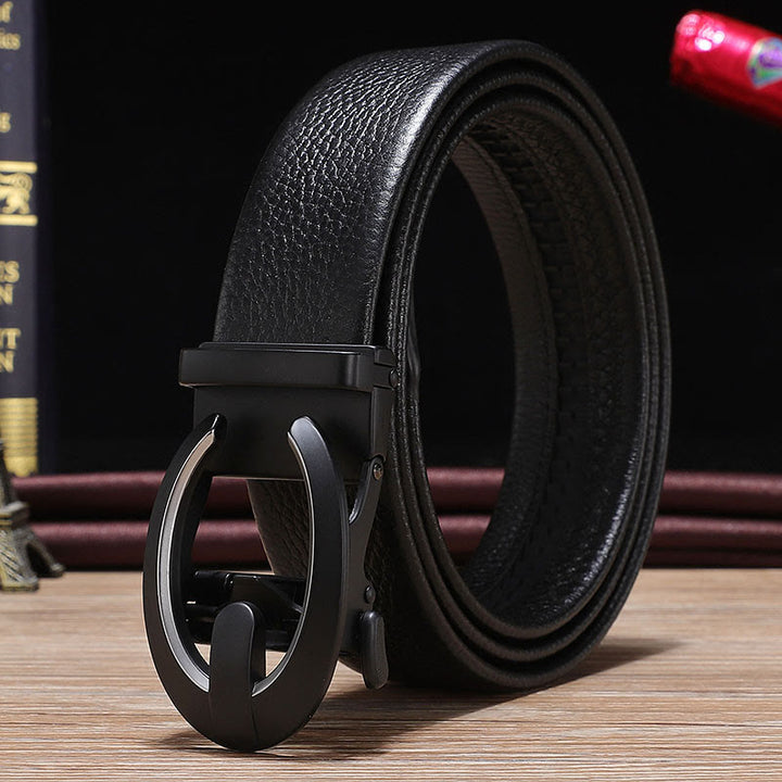 Men's C-Shaped Automatic Buckle Black Leather Belt - Silver - 42 - image 4