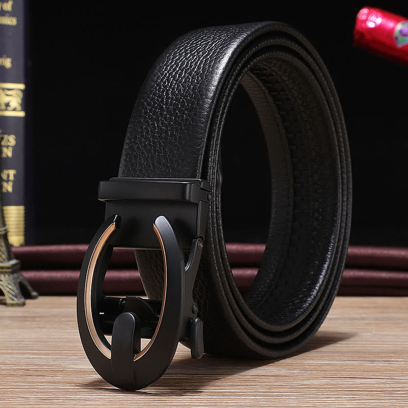 Men's C-Shaped Automatic Buckle Black Leather Belt - Golden - 42 - image 0