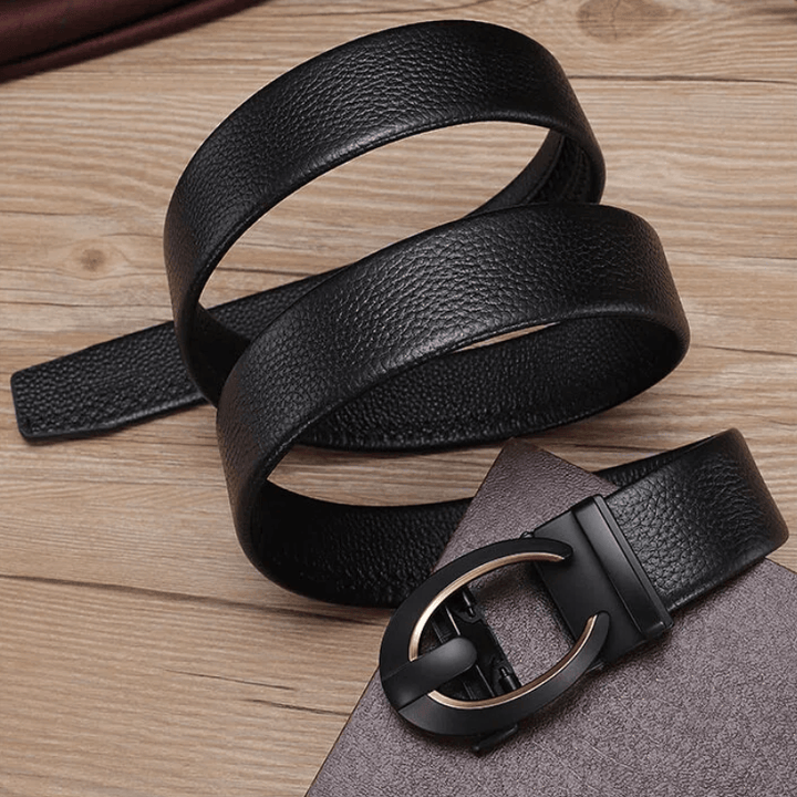 Men's C-Shaped Automatic Buckle Black Leather Belt - image 2