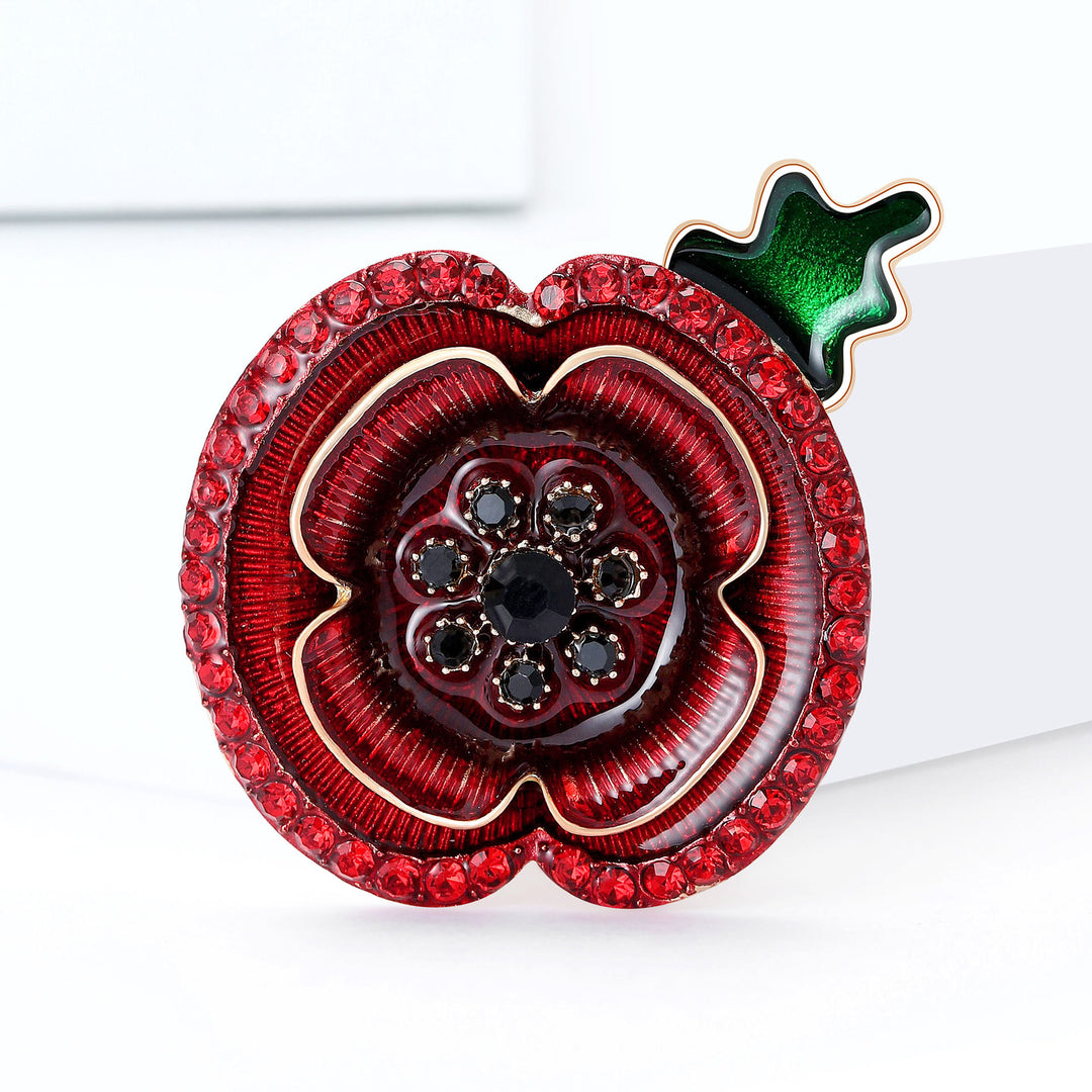 Red Crystal Poppy Shape Green Stem Gold Accent Brooch - Red - image 0
