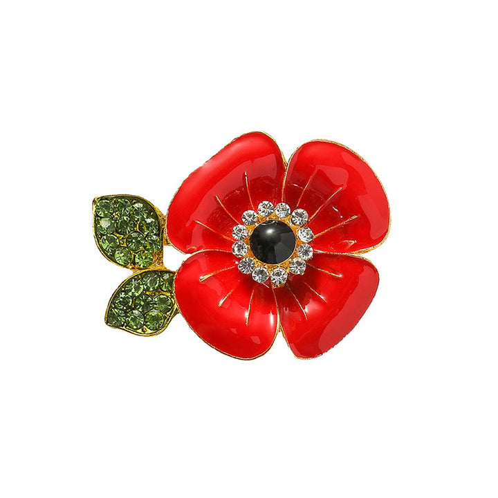 Vibrant Red Poppy Glossy Petal Sparkling Crystal-Adorned Leaf Gold Rim Brooch - image 4