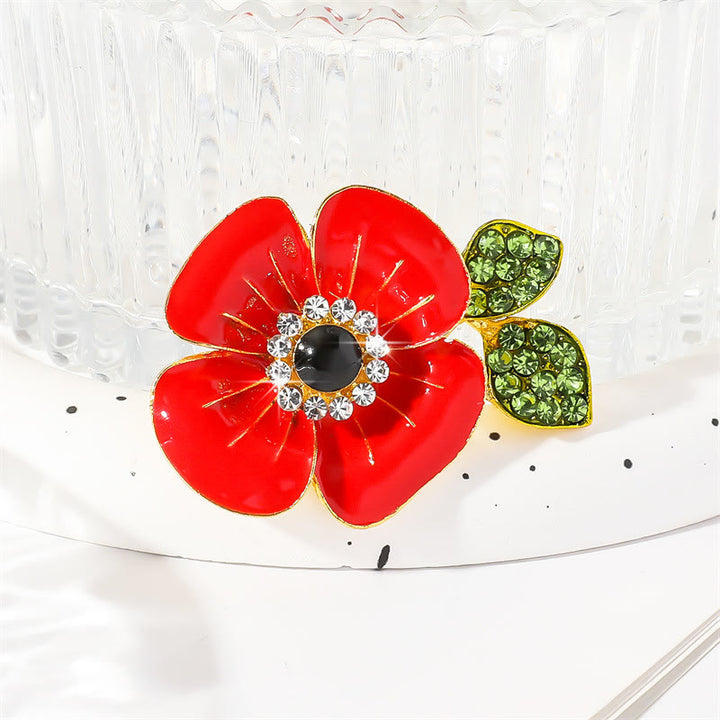 Vibrant Red Poppy Glossy Petal Sparkling Crystal-Adorned Leaf Gold Rim Brooch - image 2