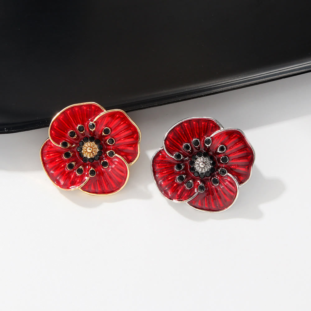 Red Poppy Gem Embellished Silver Trim Brooch - image 3